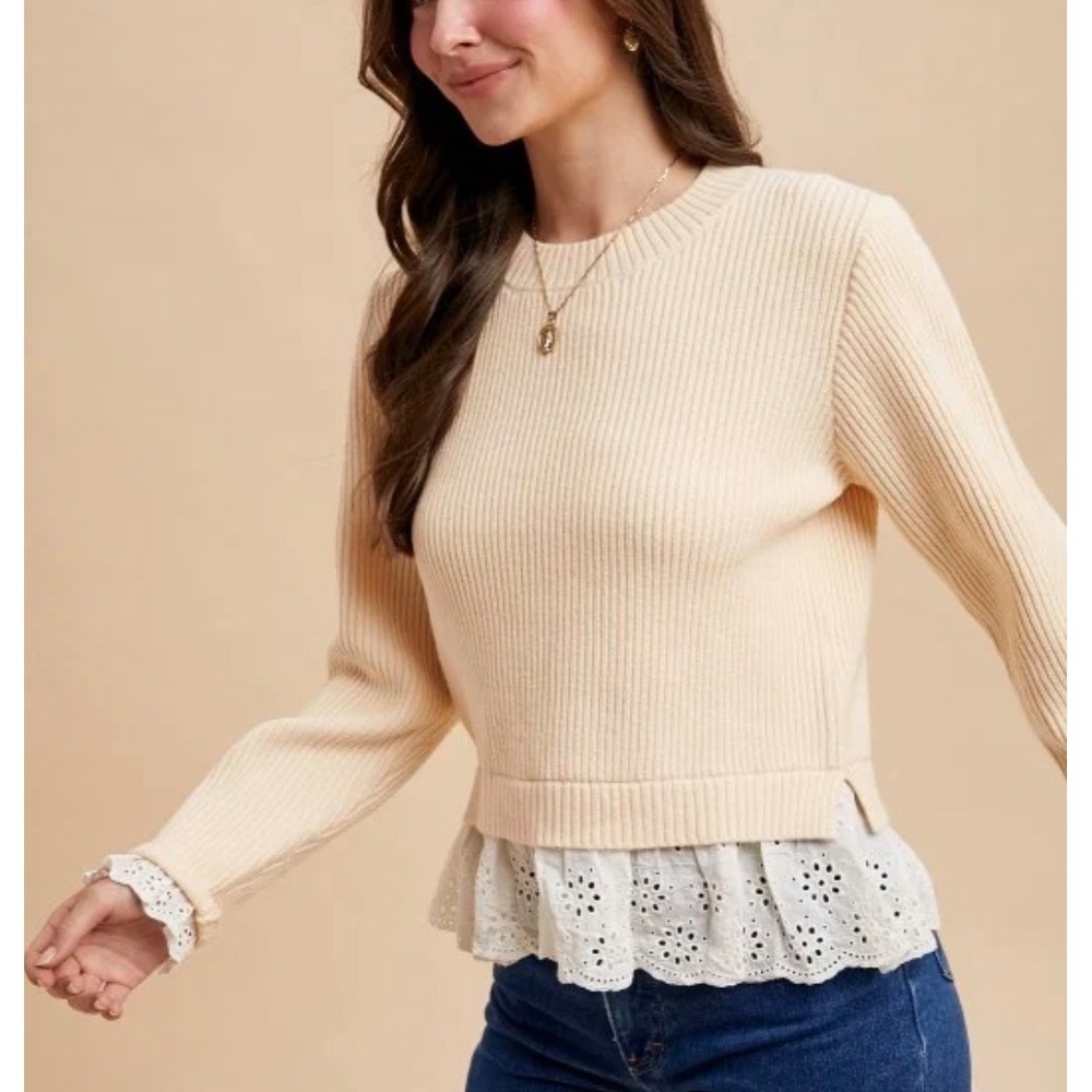 Anniewear Sz L Embroidered Eyelet Lace Ribbed Cozy Pullover Sweater Fall Layerin - Picture 2 of 11